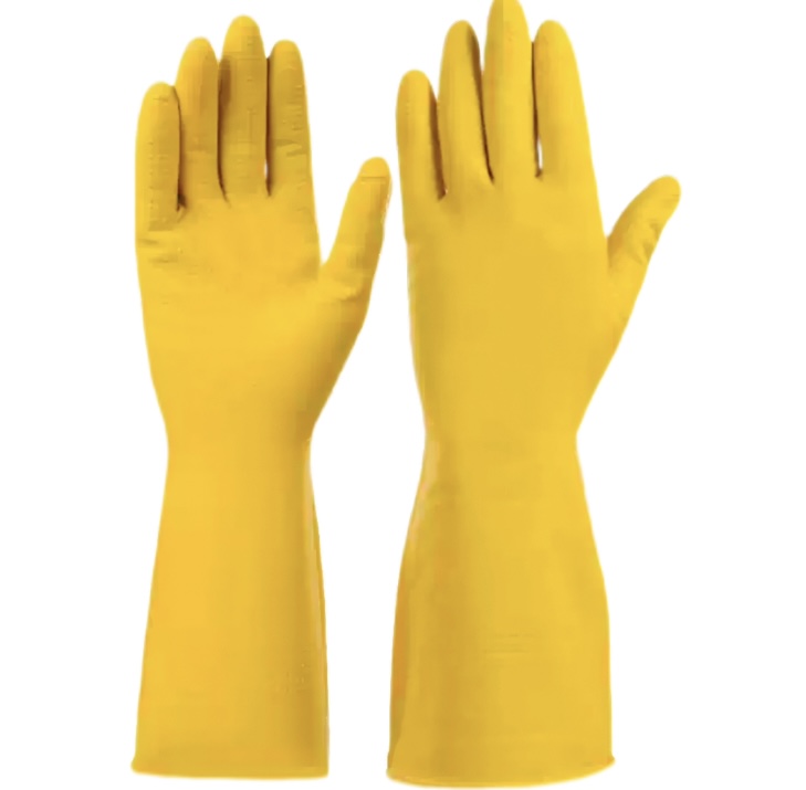 Yellow long cuff natural rubber safety gloves, chemical resistant household industrial protective work gloves